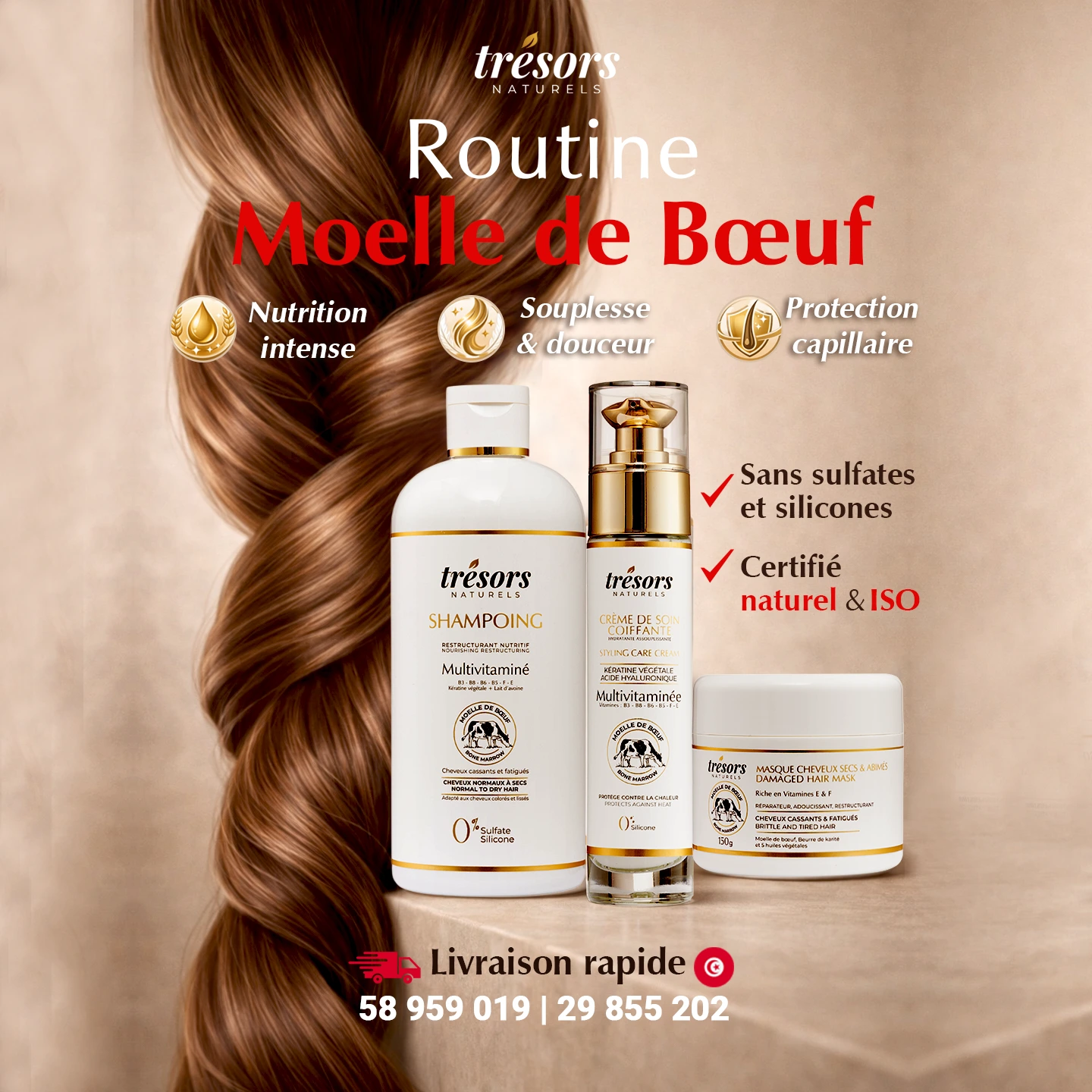 routine cheveux secs abimes tunisie shampoing masque moelle boeuf nutrition reparation cheveux
